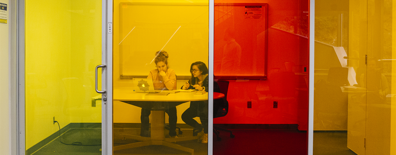 Two students study together at UC San Diego's Geisel Library.